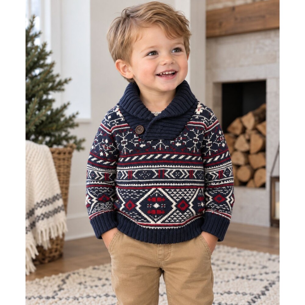 H&M L.O.G.G. Toddler 1.5-2Y Fair Isle Sweater Navy Red Shawl Collar Nordic
